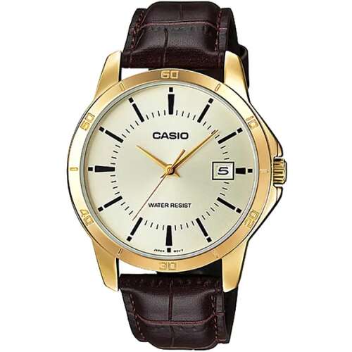 Casio MTP-V004GL-9A férfi karóra arany számlappal és barna bőrszíjjal