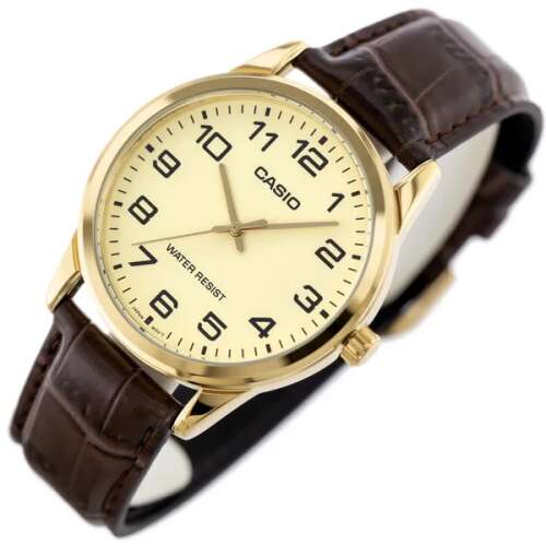 Zegarek męski Casio MTP-V001GL-9B ze złotą tarczą i brązowym skórzanym paskiem, widok pod kątem