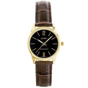 Casio LTP-V005GL-1B női karóra arany színű tokkal, barna bőrszíjjal és fekete számlappal - Casio