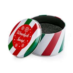 Nyitott karácsonyi ajándék fémdoboz piros-zöld csíkokkal és 'Wesolych Swiat' felirattal - Óraforgató & óratartó doboz