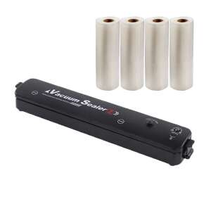 Set aparat de vidat si sigilat cu vacuum si 4 role pungi pentru vidat 500x20cm NEXTLY, pentru carne, legume, fructe, pastreaza prospetimea, negru