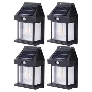 4 db kültéri napelemes lámpa NEXTLY izzóval, 3 üzemmóddal, mozgás- és fényérzékelővel, készenléti, meleg fény, vízálló, fekete színű.