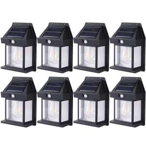 NEXTLY Set 8 lămpi solare de exterior cu bec, 3 moduri, senzor de mișcare și lumină, lumină caldă, impermeabile, negre - Lanternă solară