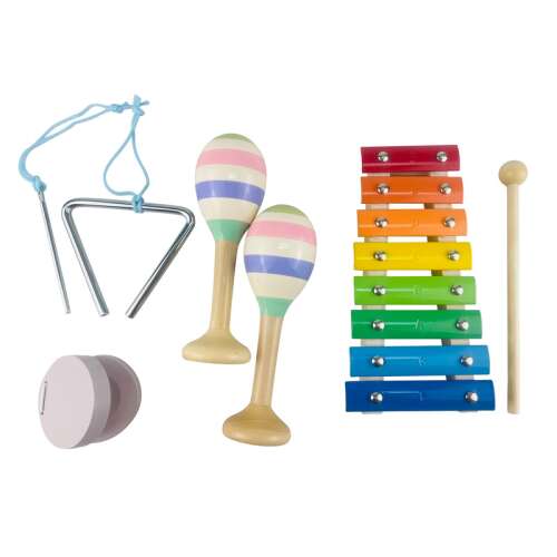 Drveni set glazbenih instrumenata za djecu: Ksilofon, Maracas, Trokut i Kastanjete