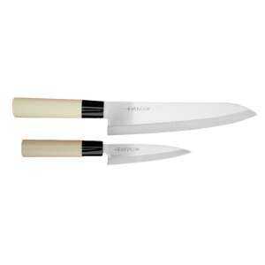 Satake Megumi 2 részes japán szakácskés készlet, tartalmaz egy 21 cm-es szakácskést és egy 12 cm-es univerzális kést, mindkettő fa markolattal - Satake