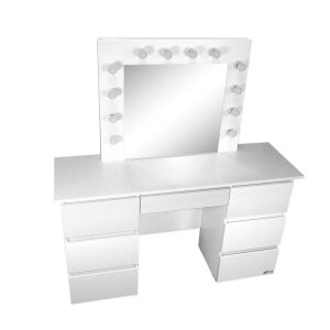 Fésülködőasztal/smink + skandináv stílusú szék, fehér, tükörrel és LED-ekkel, Vanessa, 130x43x143 cm