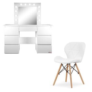 Lago sminkasztal/fésülködőasztal fehér, skandináv stílusban, tükörrel és LED-ekkel, Vanessa, 130x43x143 cm + szék