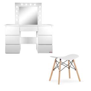 Korfu Fehér Fésülködőasztal/Sminkasztal + Szék Tükörrel és LED-ekkel, Vanessa, 130x43x143 cm
