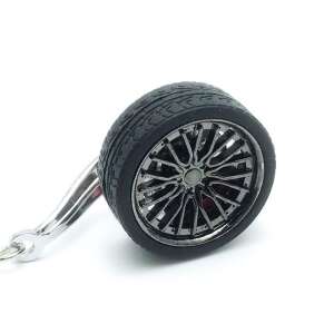 Korrózióálló fém kulcstartó, autó tuning kerék modell felnivel és féktárcsával, 10 x 3,5 x 2 cm, Fekete