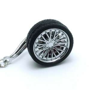 Korrózióálló fém kulcstartó, autó tuning kerék modell felnivel és féktárcsával, 10 x 3,5 x 2 cm, Ezüst