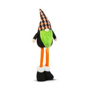 Decoratiune gnome telescopica scandinav Halloween, 60cm, palarie cu carouri negru si portocaliu, barba verde aprins, picioare portocalii - Decorațiuni de Halloween