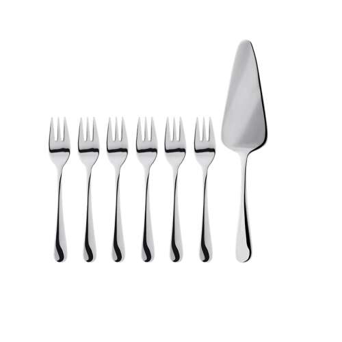 Set servire tortă Judge Windsor, 7 piese: 6 furculițe pentru tort și 1 spatulă. Tacâmuri din oțel inoxidabil de înaltă calitate pentru prezentări elegante de tort.