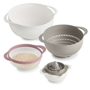 Set de bucătărie Zeller, 4 piese, alb și gri, plastic, include un bol mare, o strecurătoare, un bol mai mic cu sită și un storcător de citrice - Boluri