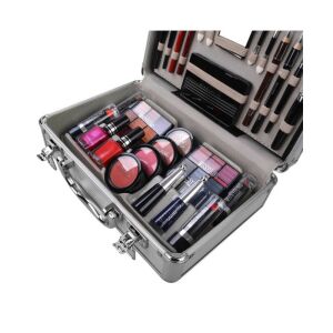 Set de machiaj Miss Young de 35 de piese în trusă cosmetică argintie, inclusiv farduri de pleoape, blush, ruj, ojă și pensule - Valiză cosmetică