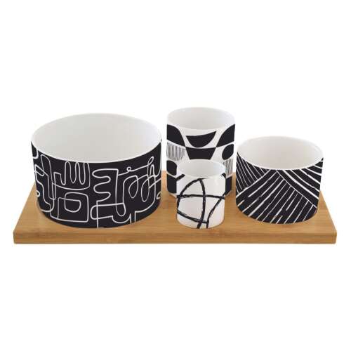 Pozzi Milano Atmosphere Graffiti 5 részes porcelán előétel szett, fekete-fehér absztrakt mintákkal bambusz tálcán - Kínáló tál