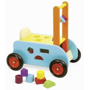 Viga 3 în 1 Cărucior din Lemn cu Sortare de Forme, Jucărie de Împins și Blocuri de Joc - Joc de construcție din lemn