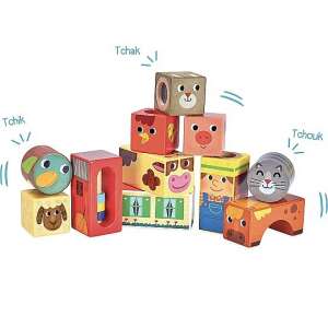 Vilac Farm Sound Cubes, 11 cuburi din lemn cu fețe de animale de la fermă, stivuibile, scot sunete când sunt scuturate - Joc de construcție din lemn