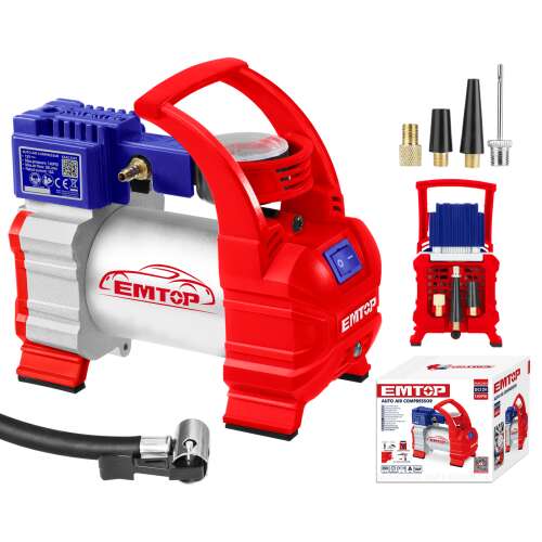 EMTOP EAAC3501 12V autós légkompresszor tartozékokkal, max. 10 bar nyomás