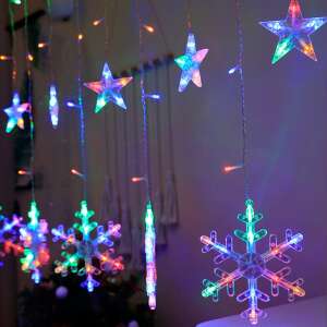 Színes LED függöny fényfüzér csillagokkal és hópelyhekkel, 3x1m, összeköthető - Nonbrand Fényfüzér