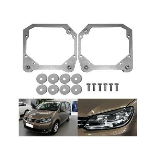 Kit upgrade faruri VW Touran 2013-2015: rame adaptoare, șuruburi, șaibe; exemplu de instalare prezentat