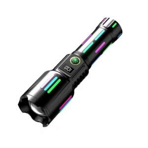 Latarka taktyczna o mocy 6500 lumenów, bateria 26650mAh, ładowanie USB-C, funkcja zoomu i kolorowe akcenty LED. - Lampy i oświetlenie