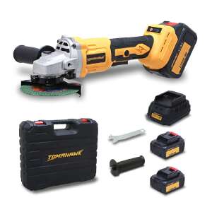 Flex sarokcsiszoló nyéllel, csiszológép, 125mm, 2 Li-Ion akkumulátorral 48V, 8.500rpm, hordozható, sárga, fekete színű