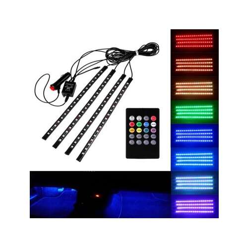 4x Kit lumini ambientale RGB cu telecomandă, 12V, 18 LED-uri, 32cm - LAL-18: Iluminare interioară multicoloră pentru mașini cu telecomandă, instalare ușoară.