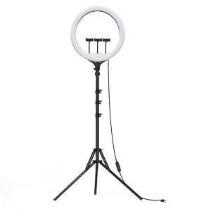 44cm LED gyűrűs lámpa állvánnyal és távirányítóval, fekete - LED körfény & körlámpa