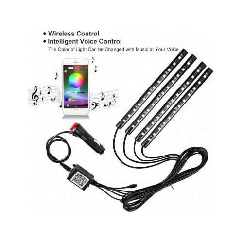 Kit lumini ambientale RGB auto 4 buc cu control prin aplicație Bluetooth, 12V, 22cm LAL-12 - Control wireless prin aplicație smartphone, schimbare culori cu muzică sau voce.