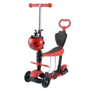 Hulajnoga dziecięca 5 w 1 Arvada Ultra Safe WDKS020, 1-3 lata, świecące koła, dekoracja w kształcie biedronki, regulowana kierownica, stabilna, hamulec, podnóżek, kosz do przechowywania, czer