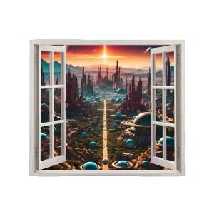 Naklejka ścienna VIEW TO HAVEN 02 przedstawiająca futurystyczne miasto z oknem, 125x110cm - Tapeta
