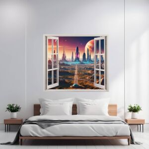 Kolorowa folia tłoczona VIEW TO HAVEN 03, 125x110cm, naklejka dekoracyjna na ścianę z futurystycznym widokiem miasta - Tapeta