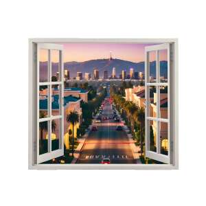 Naklejka ścienna VIEW TO HAVEN 16: 125x110cm kolorowa naklejka winylowa przedstawiająca widok ulicy miejskiej przez okno. - Tapeta