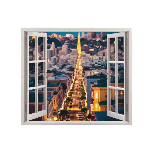 VIEW TO HAVEN 18 falmatrica: 125x110cm színes nyomtatott fólia, nyitott ablakon át látható városképpel
