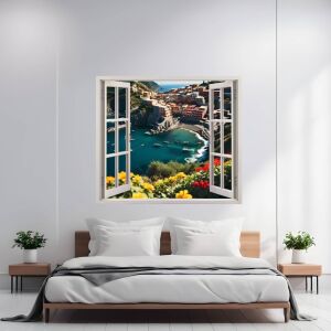 Kolorowa folia tłoczona VIEW TO HAVEN 24 dekoracja ścienna, 125 x 110cm, widok z okna na Cinque Terre, Włochy - Tapeta