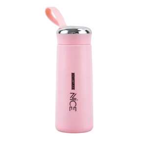 Termos NICE cu vidă, Roz, 400ml, Sticlă izolată cu buclă de transport - Termosuri și suporturi pentru băuturi