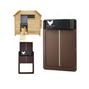 Csirkeól ajtó automatikus nyitó fényérzékelővel - Montázsi és használati példákat bemutató kollázs - Baromfiól
