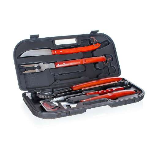 HAPPY GREEN 5-dielna sada grilovacích nástrojov v kufríku. Obsahuje stierku, kliešte, kefu na gril, vyrezávací nôž a vidličku.