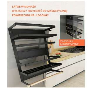 Zweistufiger magnetischer Küchenorganizer mit Handtuchhalter, an einem Kühlschrank befestigt, der sein modulares Design zeigt - Lagerung & Organisation