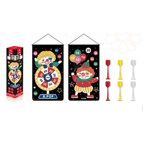 B.POP Dvojstranná magnetická šípková hra s klaunom: Koláž zobrazujúca kompletnú sadu hry vrátane obojstrannej šípky, magnetických šípok a balenia