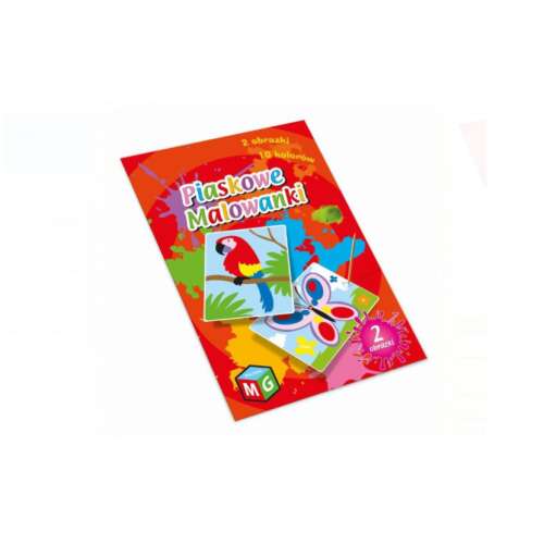 Zestaw do malowania piaskiem z motywami papugi i motyla. Zawiera 2 obrazki, 10 kolorów piasku i narzędzia do tworzenia kolorowych dzieł sztuki.