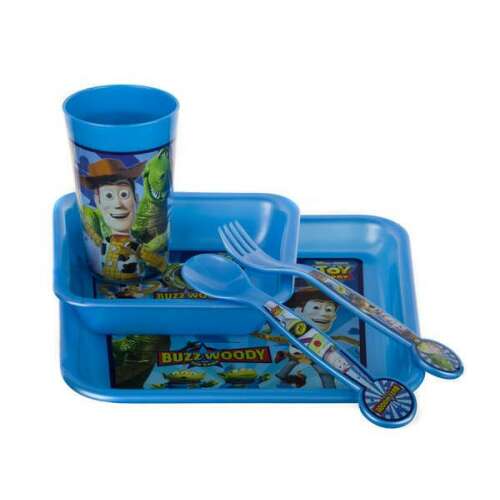 Sada detského jedálenského riadu Toy Story: modrý plastový tanier, miska, pohár, lyžica a vidlička. S Woodym a Buzzom Lightyearom.