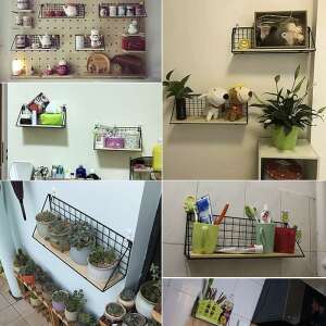 Collage verschiedener Einstellungen, die schwarze Metalldraht-Wandregale in verschiedenen Räumen und Stilen zeigen - Wohnzimmermöbel