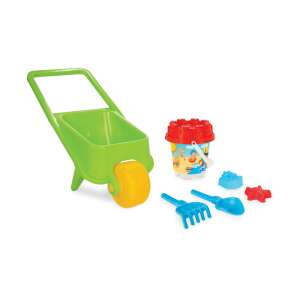 Pilsan Sandkasten-Schiebkarre mit 5 Zubehörteilen: Grüne Schubkarre, roter Eimer, Sandschablonen und Werkzeug für Kinderspiel im Freien. - Strandspielzeug