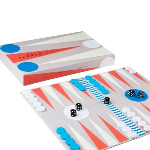 Printworks Backgammon Brettspiel, 35 x 22 cm, minimalistisches Design, beige, mit Spielsteinen und Würfeln