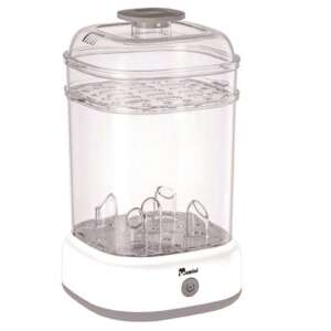 Elektromos sterilizátor Momini cumisüvegekhez és cumikhoz, QuickSteam, kapacitása 5 üveg, sterilizálás 8 perc, elpusztítja a baktériumokat és a kórokozókat, 2 tárolóhely, be-/kikapcsoló gomb,