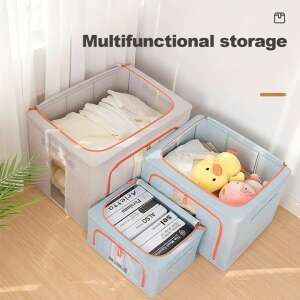 Összecsukható tárolódoboz, Flippy, 24 l, pamut és lenvászon, 40x30x20 cm, első ablak, 2 bejárati ajtó kétirányú cipzárral, fém keret, stabil műanyag alaptartó, kék