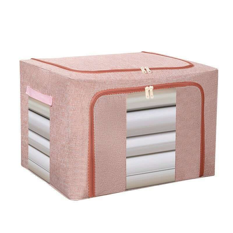 Сгъваема кутия за съхранение, KeepHome, 66 л, памук и лен, 50x40x33 см, 2 прозореца, отпред и отстрани, 2 врати за достъп с двупосочен цип, метална...