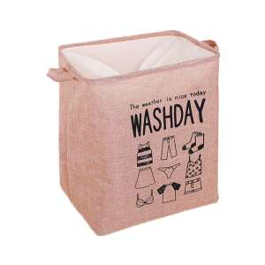 Rosa Wäschekorb mit 'Waschtag' Schriftzug und Kleider-Icons, 72L, 30x40x60 cm, faltbar, Baumwolle und Leinen, Flippy - Aufbewahrungsboxen und -körbe
