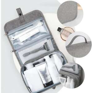 Flippy utazási kozmetikai táska, szürke, 3 rekeszes, akasztókkal, vízálló, vászon anyagú, kollázs - Kozmetikai táska